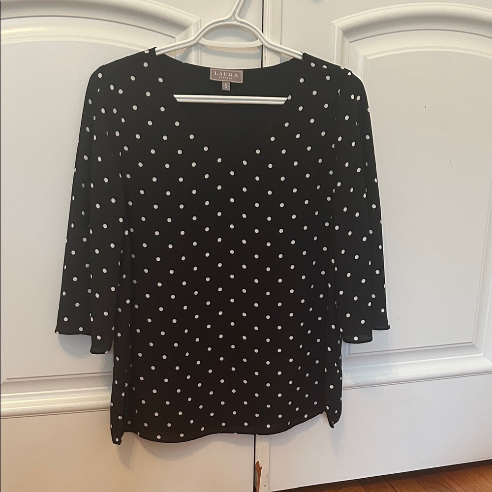 Laura Petites - Black Polka Dot Blouse - with Open Tie Sleeves